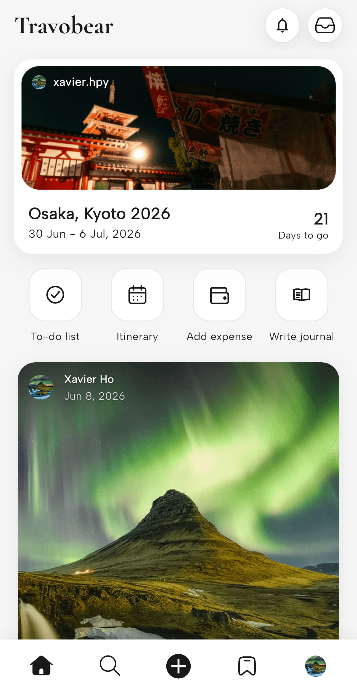 Travobear app home screen